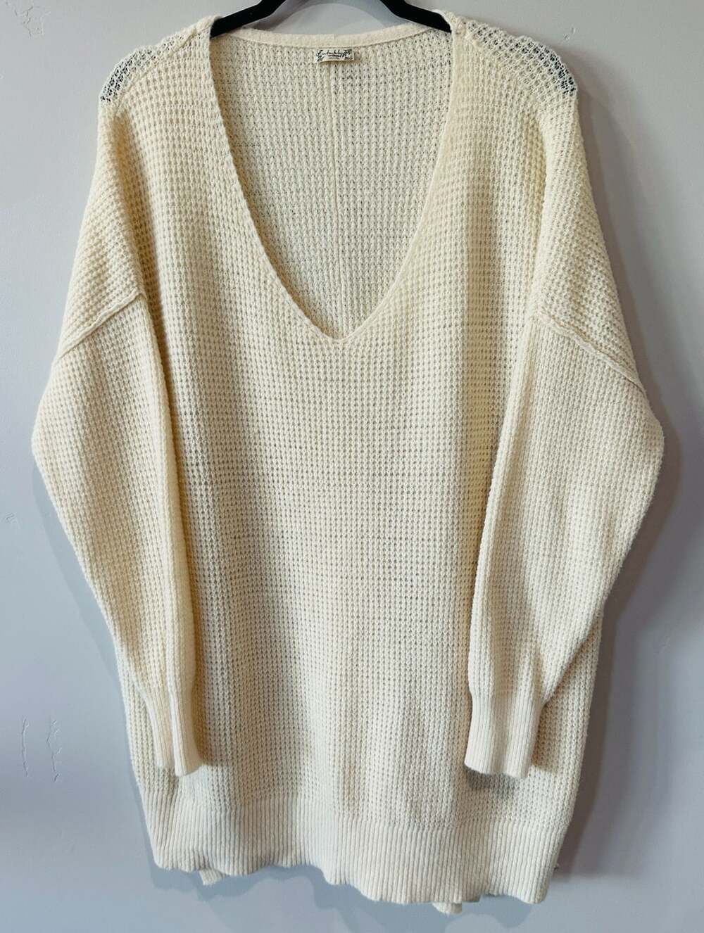 Free People V Neck Waffle Knit Tunic Sweater Cream Large